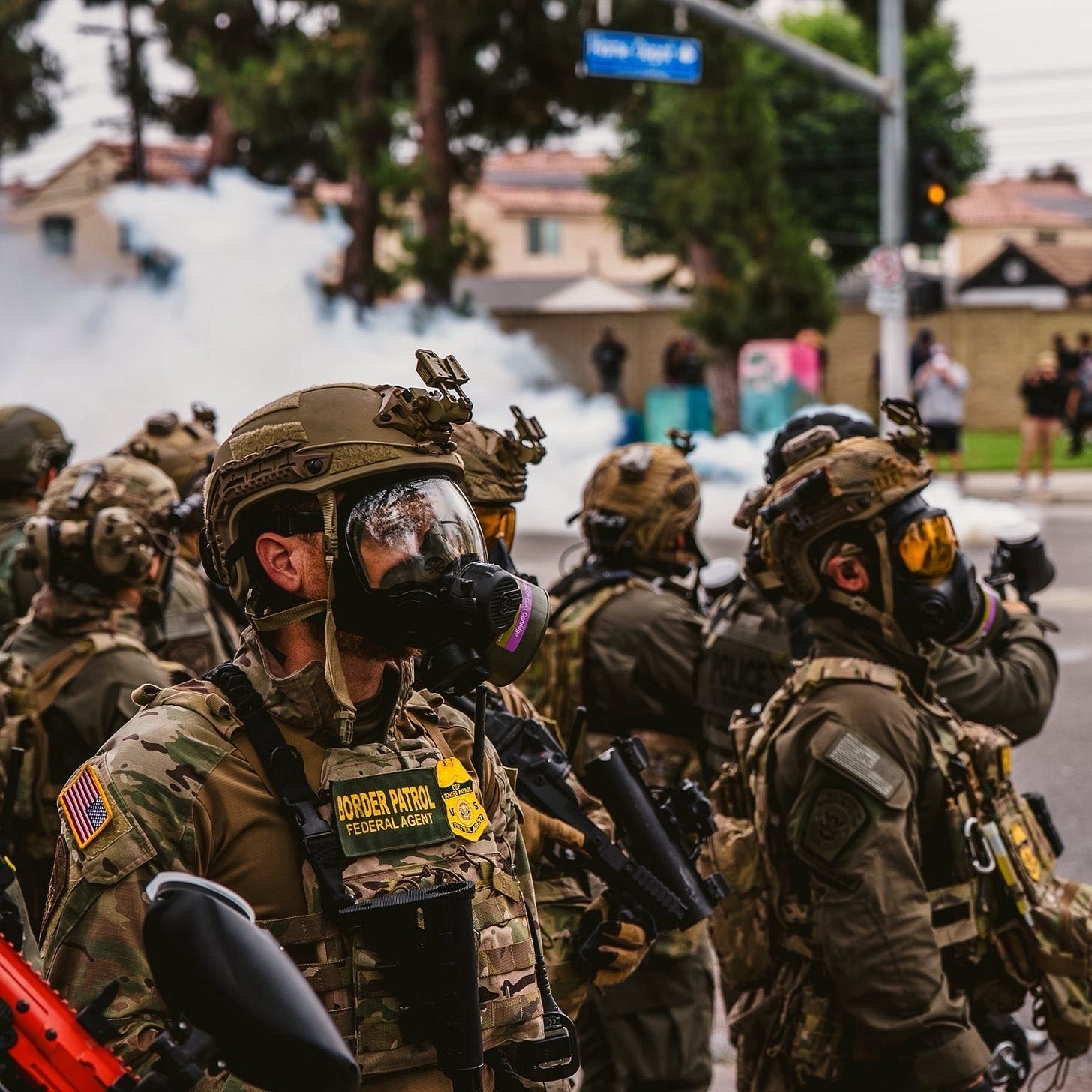 Border Patrol Officers in riot gear respond to opposition to Immigration & Customs Enforcement arrests of illegal aliens in Los Angeles. Border Patrol Officers in riot gear respond to opposition to Immigration & Customs Enforcement arrests of illegal aliens in Los Angeles.