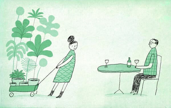 An illustration of a woman pulling a wagon full of plants up to a man sitting at a table with a glass of wine.
