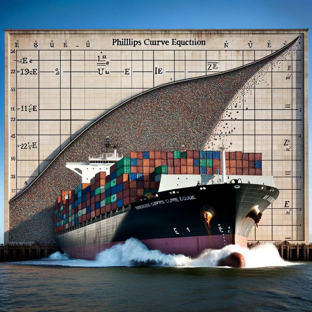 Photo of a mighty cargo vessel filled with a mosaic of containers, pushing past a grand wall etched with the 'Phillips Curve equation' and the symbols 'π^e' and '(u-u*)'. Debris from the wall highlights the ship's dominance over economic theories.
