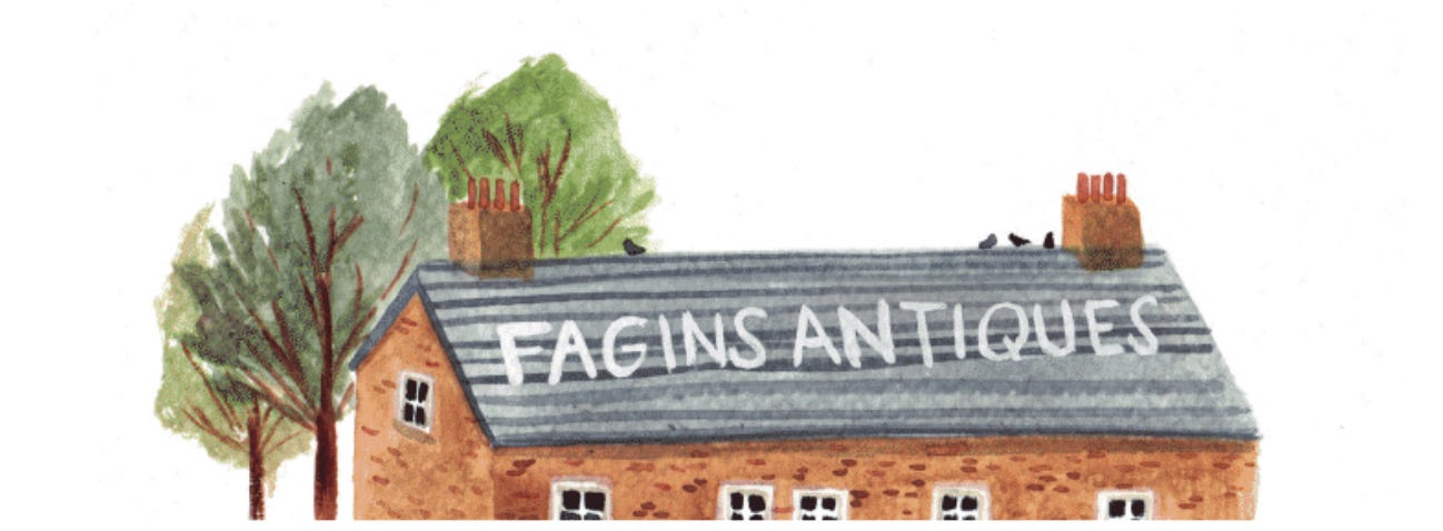 watercolour painting of the roof of a red brick building with Fagin's Antiques written on it in white. 