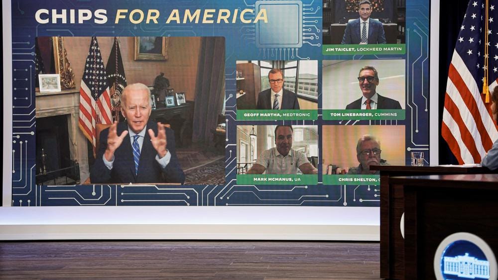 U.S. President Joe Biden appears virtually in a meeting with business and labor leaders about the Chips Act, which aims to spur U.S. domestic chip and semiconductor manufacturing