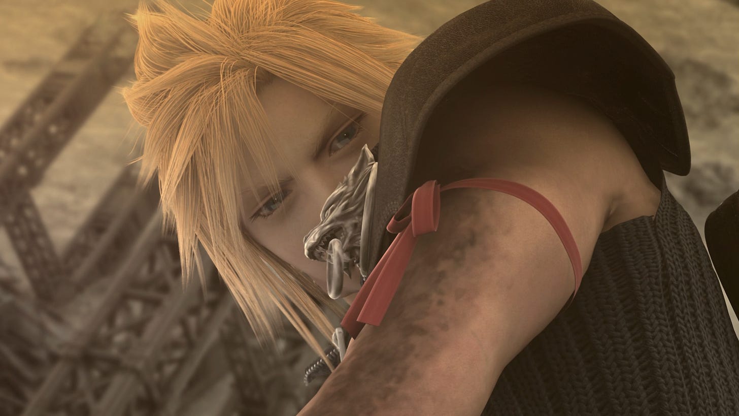 Cloud looking at his Geostigma under the pink ribbon in memory of Aerith.