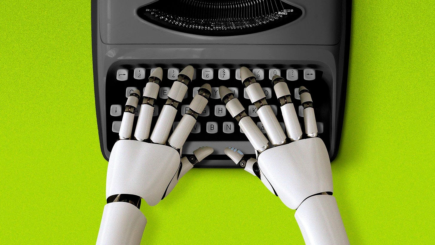 Illustration of robot hands typing on a typewriter.