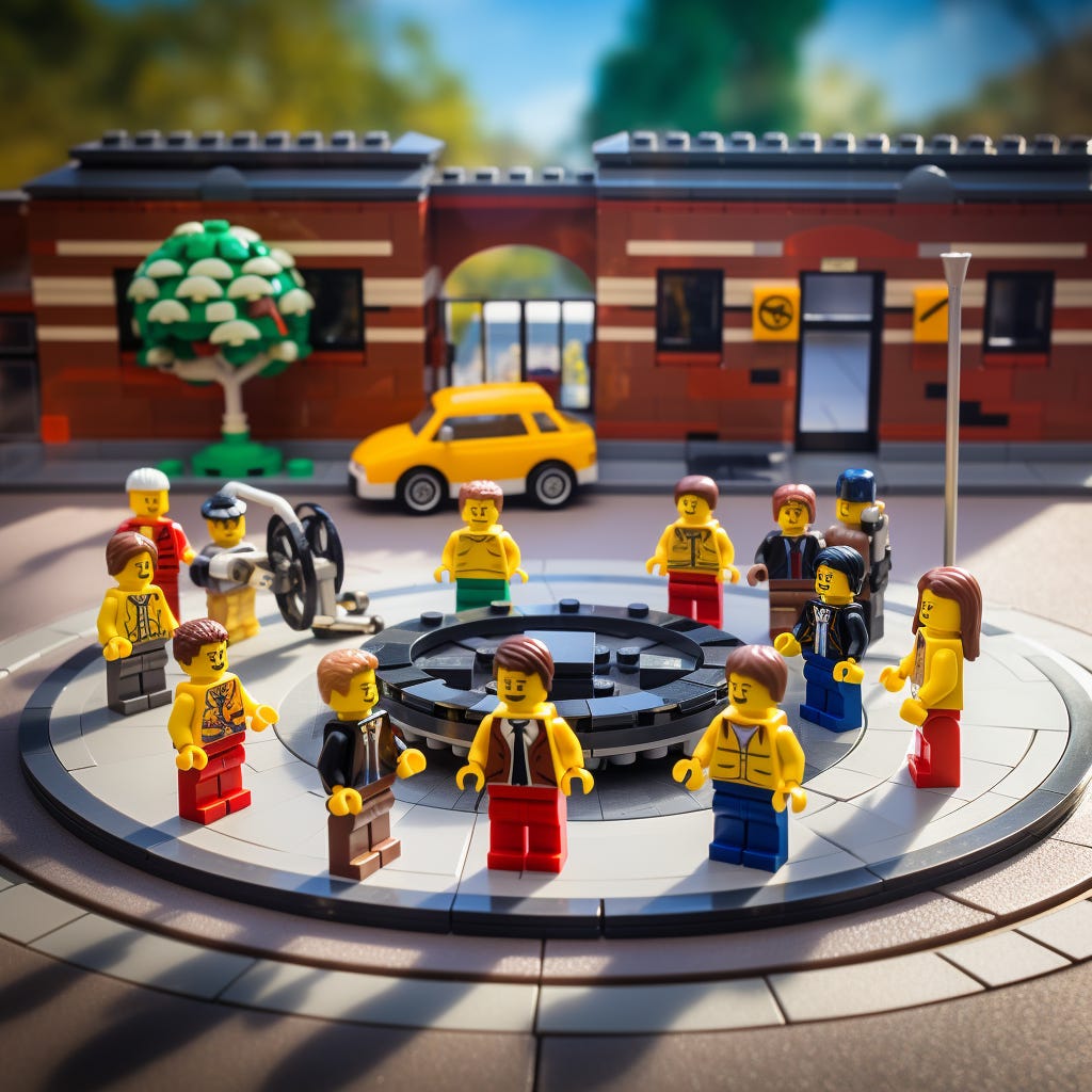 13 lego people stand on a circular platform outside a single story building. There is a large wheel in the centre. Everything is lego. 