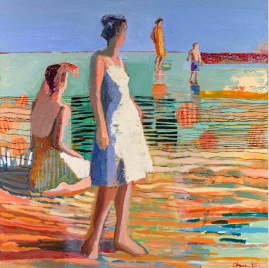 A painting of people on a beach

Description automatically generated