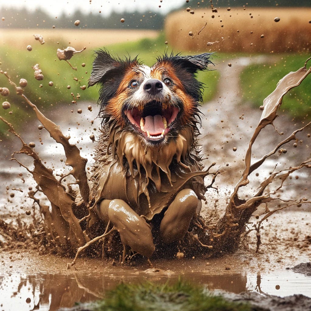 A humorous and delightful scene of a dog having the time of its life in a muddy puddle. The dog, medium-sized with a coat that's now a patchwork of mud splatters, is captured mid-splash, with droplets of mud flying in all directions. Its expression is one of pure joy and abandon, with its tongue out and eyes sparkling with excitement. The muddy puddle is in the middle of a grassy field, evidence of recent rain. The background shows a few more puddles and a trail leading up to this main scene, hinting at the dog's playful journey through the mud. This image captures the essence of carefree fun, showcasing the dog's adventurous spirit and the simple pleasures of a good splash in the mud.