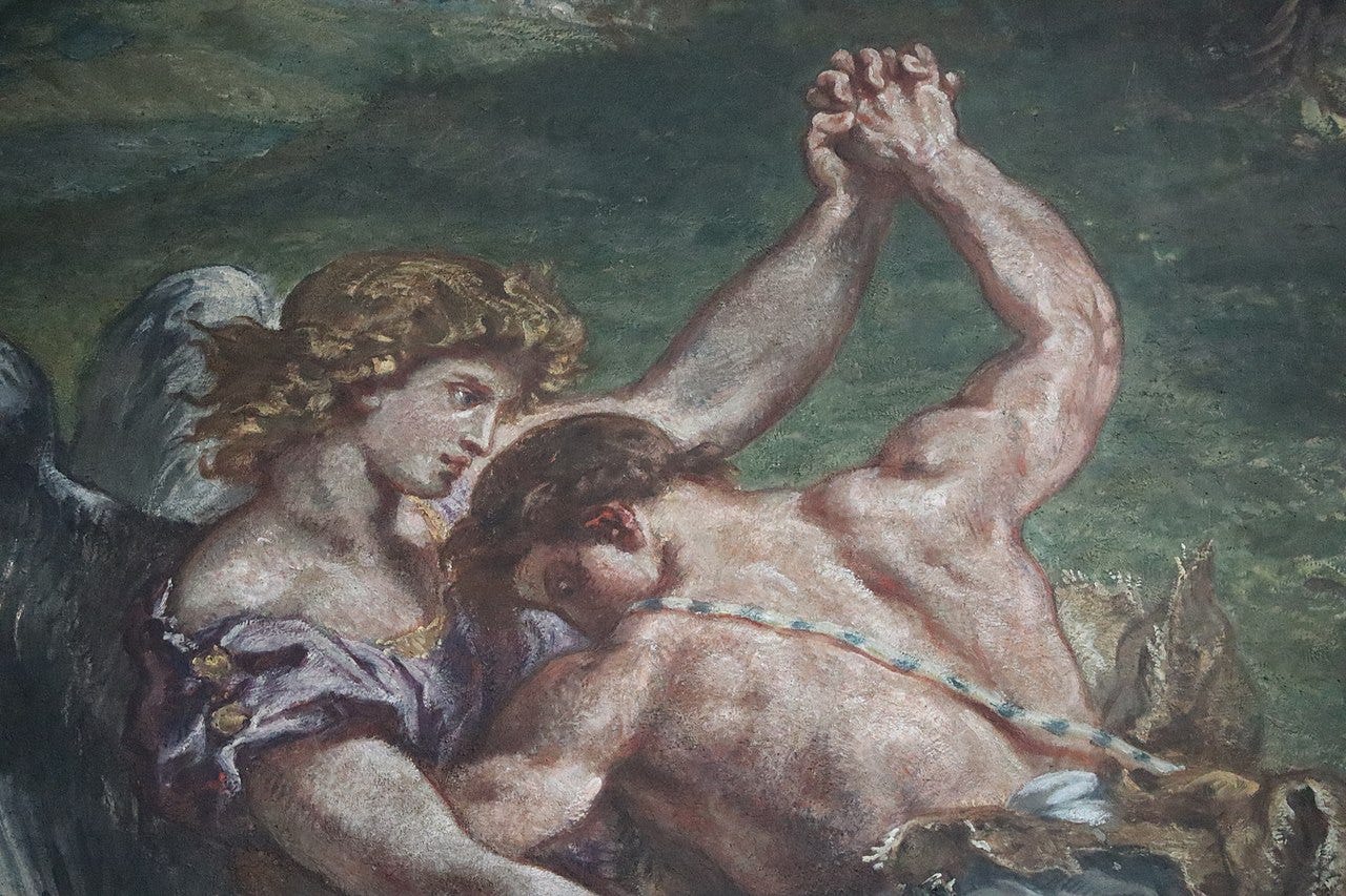 Painting of an angel and man wrestling.