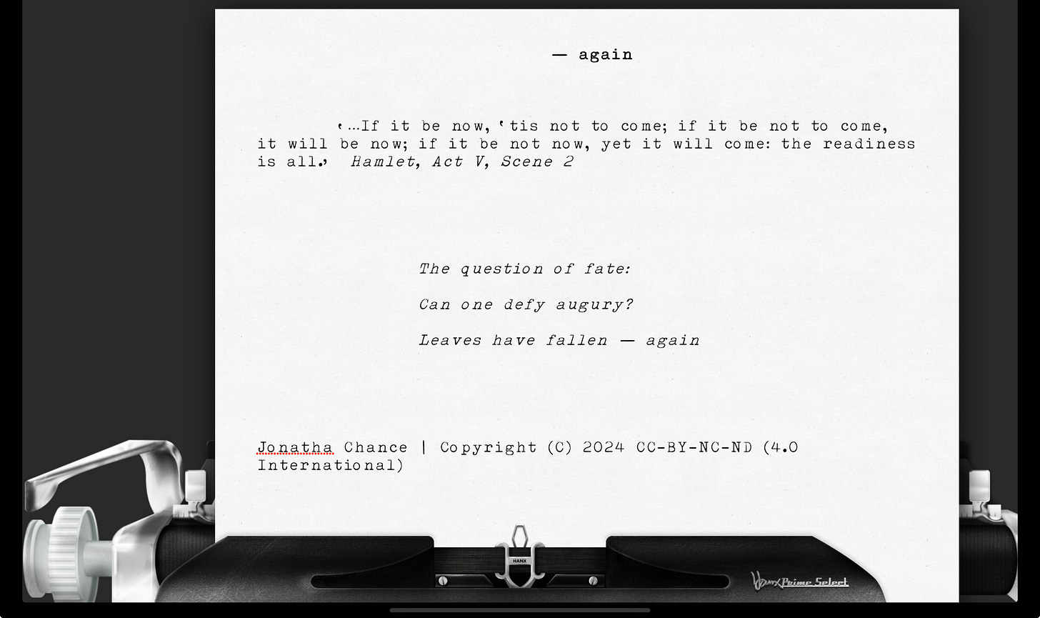 Image of 17 sounds by Jonatha Chance rendered upon the Hanx Prime Select virtual typewriter using the Hanx Writer app.