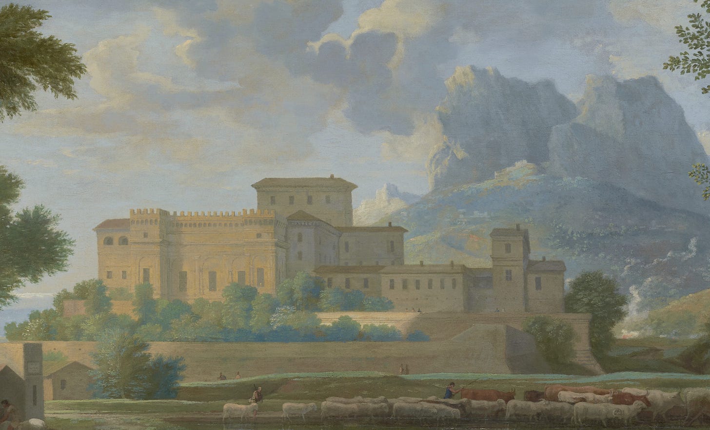 Detail of the painting Landscape With a Calm by Nicholas Poussin, showing a blocky castle or villa with a heard of cattle in the foreground and a dramatic mountain crag behind.