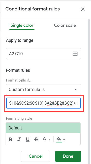 Enter the formula to highlight duplicates in multiple columns