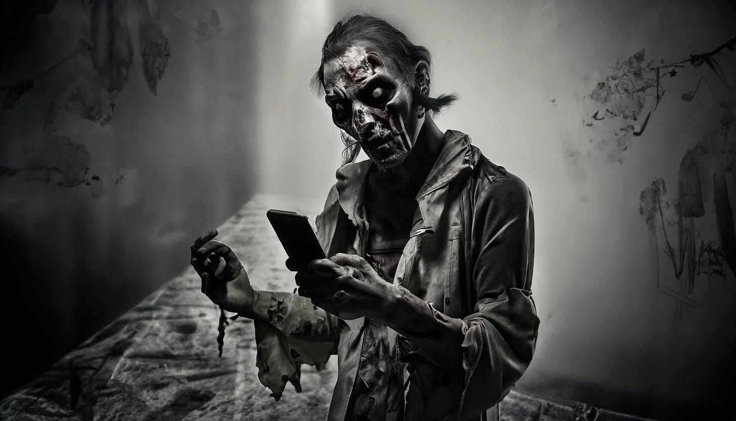 Black and white image of a zombie using a smartphone standing in a misty alley with graffiti.