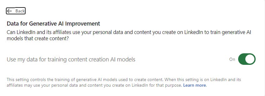 Alt image: screenshot of the LinkedIn: Screenshot of LinkedIn settings page showing an option labeled 'Use my data for training content creation AI models,' with the setting switched on by default.