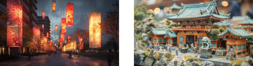A combined image conveys two scenes showcasing the beauty of cultural traditions. On the left, glowing rectangular lanterns line a tree-lined street at twilight, illuminating the path with their vibrant red and orange designs. Pedestrians stroll beneath, basking in the festive ambiance created by the lanterns' warm light. On the right, a miniature model of a traditional temple complex is filled with intricate architectural details, surrounding statues, and tiny human figures engaged in activities. Together, the scenes celebrate the artistry and craftsmanship that bring both large-scale and miniature cultural displays to life.