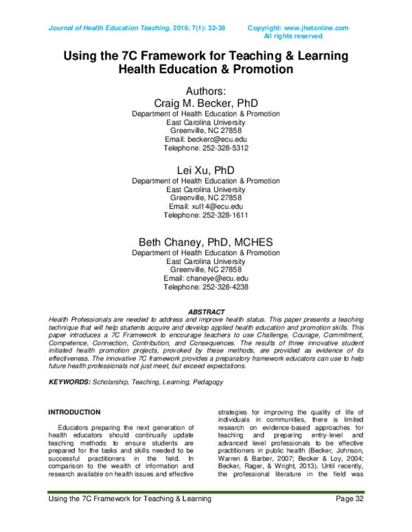 Using the 7C Framework for Teaching & Learning Health Education & Promotion