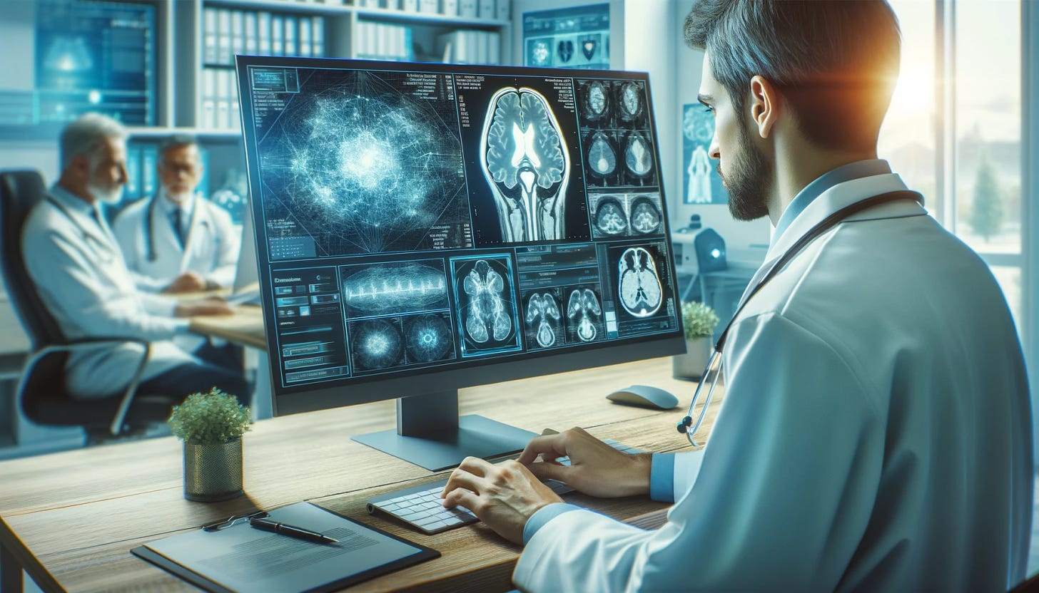 An image of a doctor using a screen with AI-generated data for diagnosing a patient. The setting is a modern medical office with advanced technology, showing the doctor analyzing data and images on a large monitor. The patient is seated nearby, observing the process.