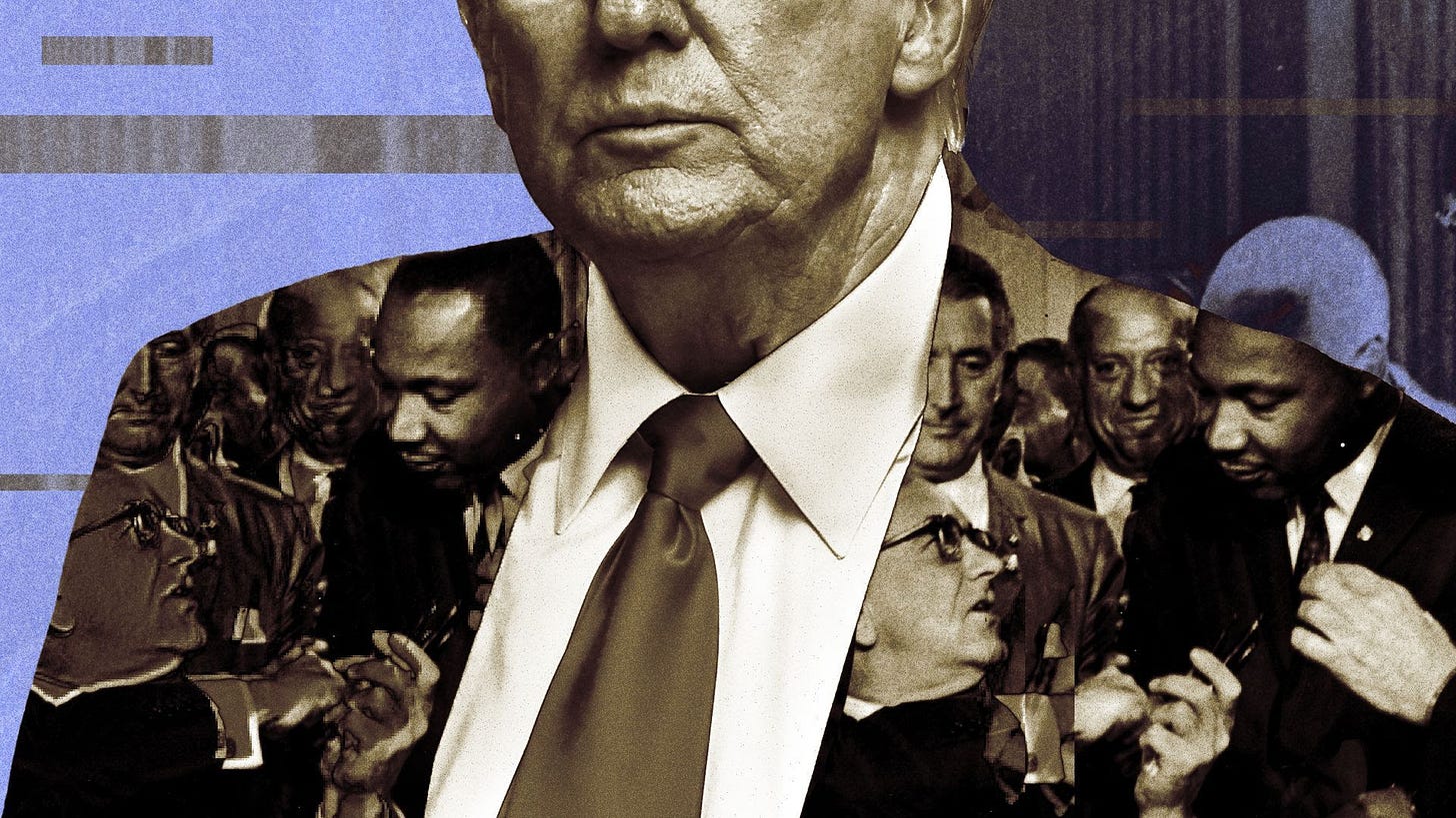Photo illustration of Donald Trump with photos of Lyndon B. Johnson and Dr. Martin Luther King, Jr. during the signing of the 1964 Civil Rights Act.
