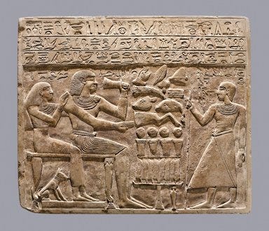  <em>Funerary Stela of Intef and Senettekh</em>, ca. 2065–2000 B.C.E. Limestone, 11 3/4 x 13 15/16 x 15/16 in. (29.8 x 35.4 x 2.4 cm). Brooklyn Museum, Charles Edwin Wilbour Fund, 54.66. Creative Commons-BY (Photo: Brooklyn Museum (Gavin Ashworth,er), 54.66_Gavin_Ashworth_photograph.jpg)