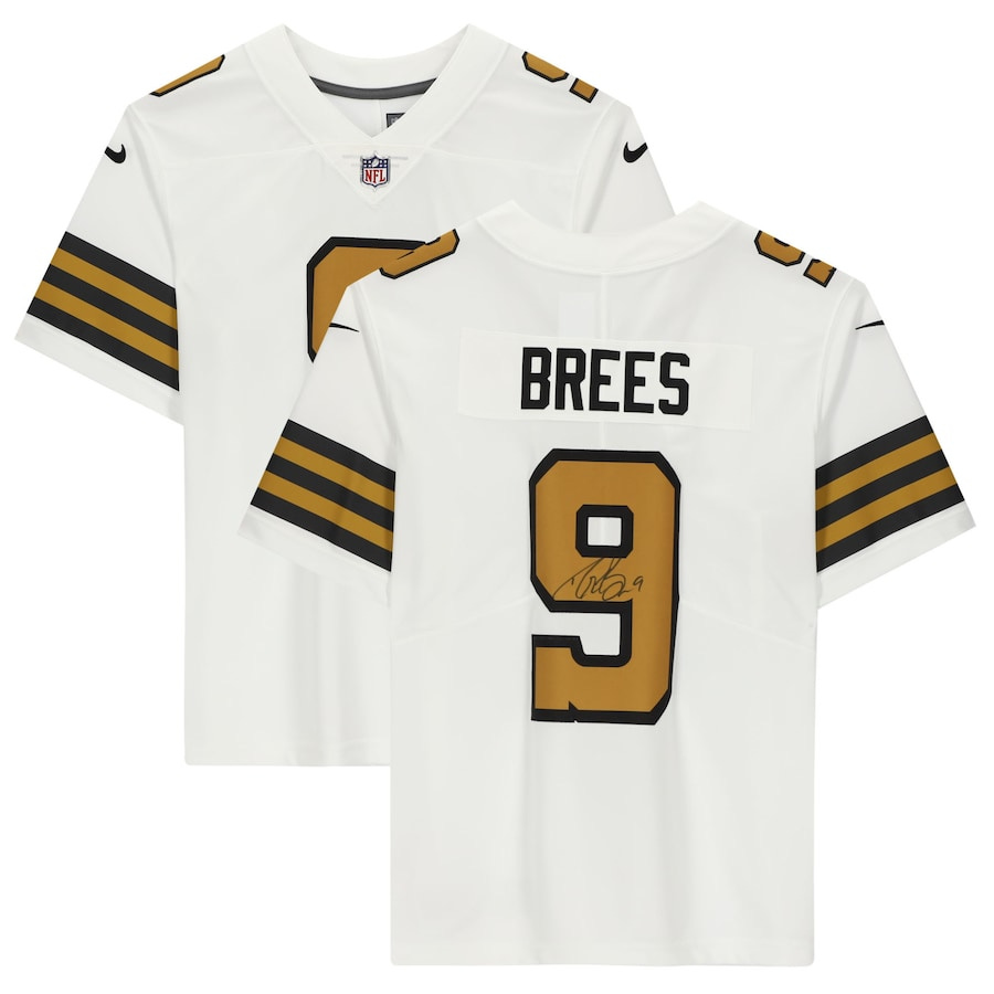 Drew Brees New Orleans Saints jersey in white with gold numbers and letters and black trim