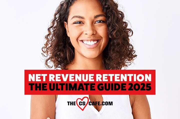 A person with curly hair wearing a white tank top is pictured with a bold red banner that reads "Net Revenue Retention The Ultimate Guide 2025" and thecscafe.com logo underneath.