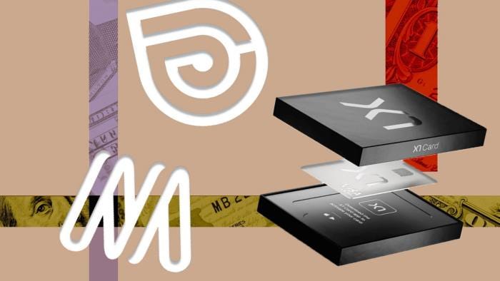 Logos of Cohere.io, MosaicML and X1 credit card with US dollar strips Logos of Cohere.io, MosaicML and X1 credit card with US dollar strips