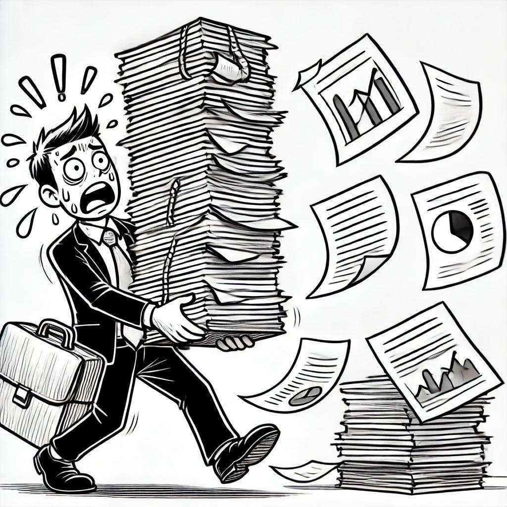 Black and white cartoon drawing in the same style, featuring the same presenter character now struggling to carry a big stack of papers. Some papers have fallen off the pile and are flying around with visible graphs and charts drawn on them. The character looks flustered, with an exaggerated expression of stress or frustration. The scene is humorous, using simple linework and expressive cartoon features.