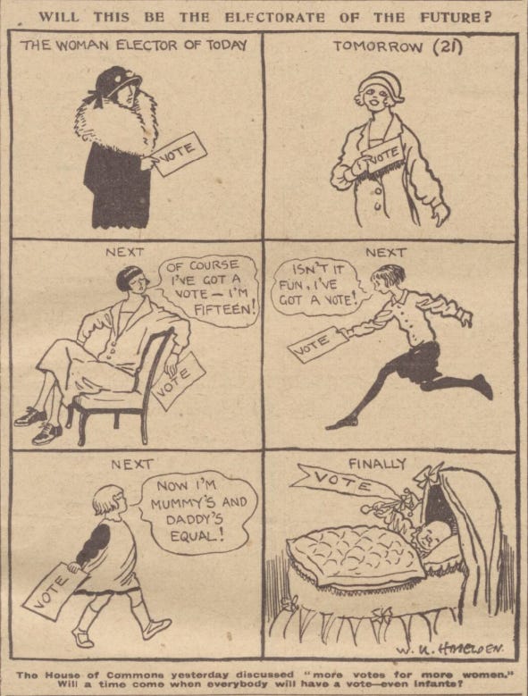 Newspaper cartoon showing women and girls of different ages, down to schoolgirls and babies, clutching a paper with the word 'vote' written on it. Caption asks: Will this be the electorate of tomorrow?'