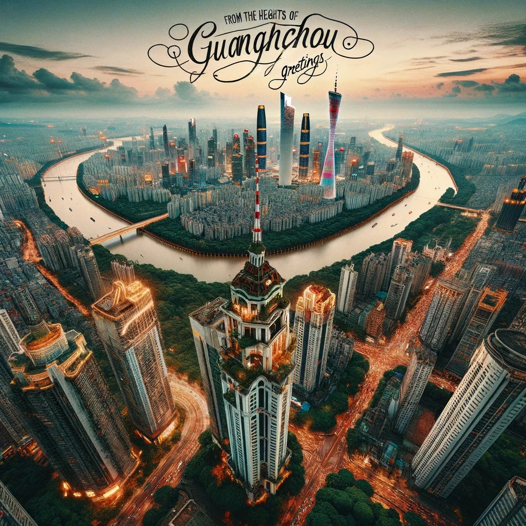 A postcard from Guangzhou, capturing a breathtaking view from the 97th floor of a high-rise hotel. The image offers a unique perspective looking down on the sprawling city below, showcasing the dense urban landscape of Guangzhou. Skyscrapers reach up towards the viewer, mingled with lush greenery and winding rivers cutting through the city. The intricate network of streets and highways is illuminated by the soft glow of streetlights, giving the scene a vibrant, lifelike quality. The Canton Tower stands out prominently in the distance, its unique silhouette highlighted against the evening sky. 'From the Heights of Guangzhou - Greetings' is written in elegant script, adding a personal touch to the stunning aerial view.