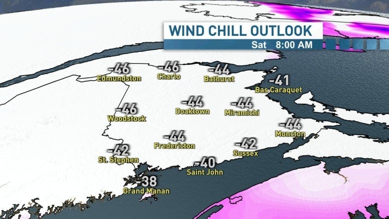 A map of New Brunswick with temperatures. 
