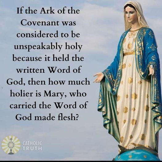 May be an image of 1 person and text that says 'If the Ark of the Covenant was considered to be unspeakably holy because it held the written Word of God, then how much holier is Mary, who carried the Word of God made flesh? CATHOLIC TRUTH'