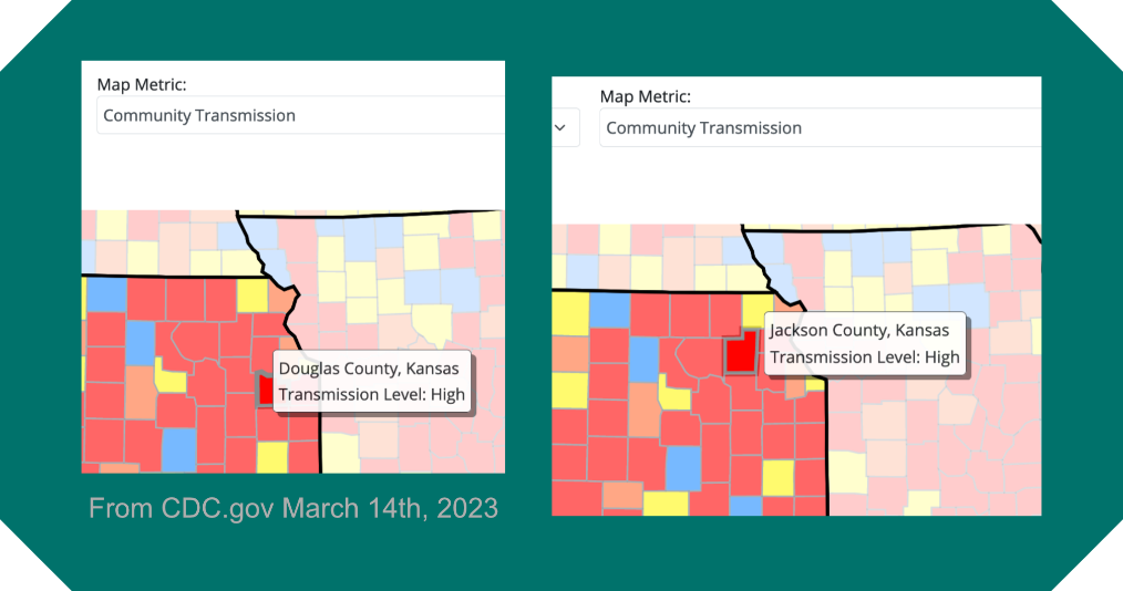 The image is labeled from CDC dot gov March 14th 2023, it is 2 maps side by side indicating Transmission Levels in Kansas. One points to Douglas County Kansas Transmission Level High, the other points to Jackson County Kansas Transmission level high.
