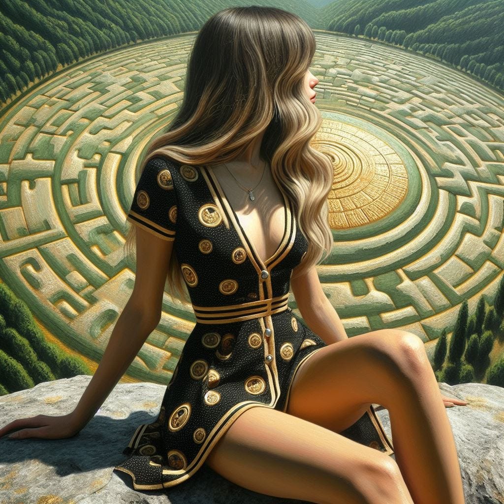 hyper realistic close up of universo, arbol, estrella pattern on womans dress. she wears a ,black, cream and gold casual summer matching shift and shorts, she sits on a rock under a sunny sky on a sunny day. the Salinas Crop Circles (Salinas Valley, California, USA) is painted in thick, textural layers of oil paint and the wall nearby is made of craggy rock with green moss an gold leaf. It is also painted in chunky, thick oil paint. Parallax Scrolling Effect painting