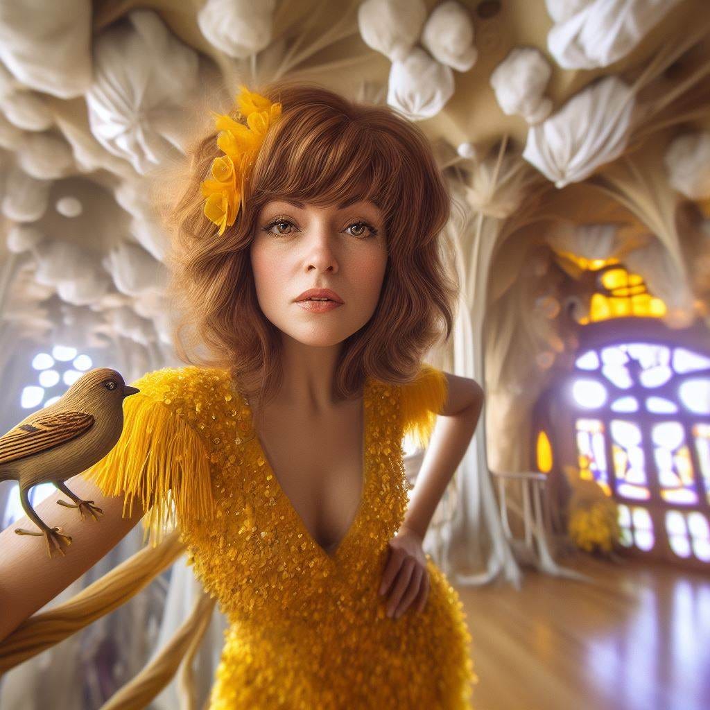  Tilt shift; hyper realistic,  Casa Batllo Barcelona Spain.inside of the building. paper mache and wood honey brown haired middle aged Woman wearing yellow sequence dress. a sparrow made of sticks on womans jacket. naples Yellow chunky heels. Brown feathers in her hair.  She is leaning into camera.  Fluffy clouds in a sunny sky made of silk fille the room, there is no ceiling. Prisms of purple light 