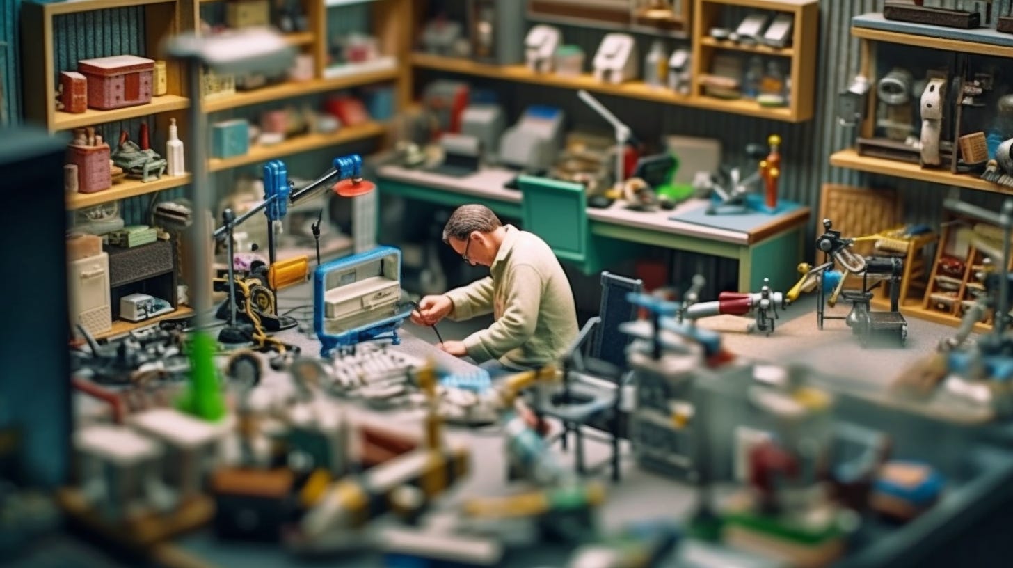 Tilt-shift isometric view, inventor working in his workshop, Taken by Takumar 105mm f/ 2. 8 c 50, aerial view, photo-realistic, winning awards photograph, clean sharp focus, depth of field, beautifully-color-coded, hyper-detailed