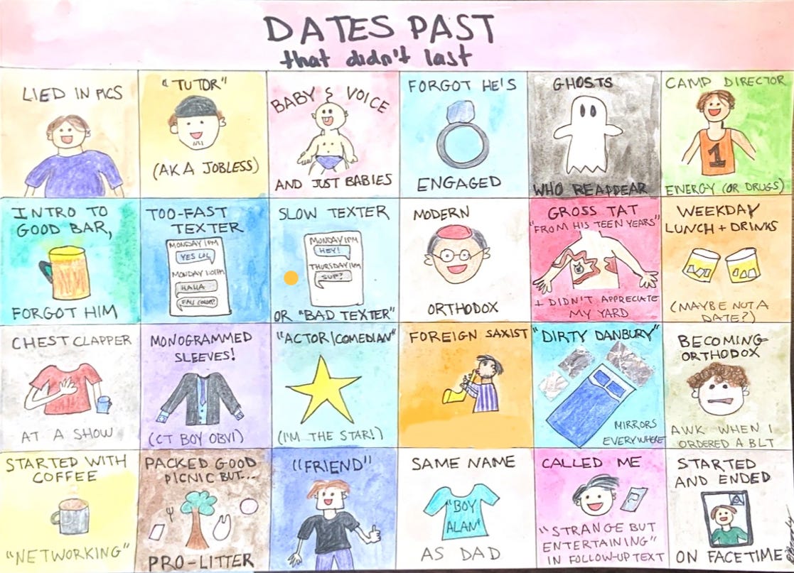 Drawings of reasons dates didn't work — he was engaged, he ghosted me, and he had monogrammed sleeves.