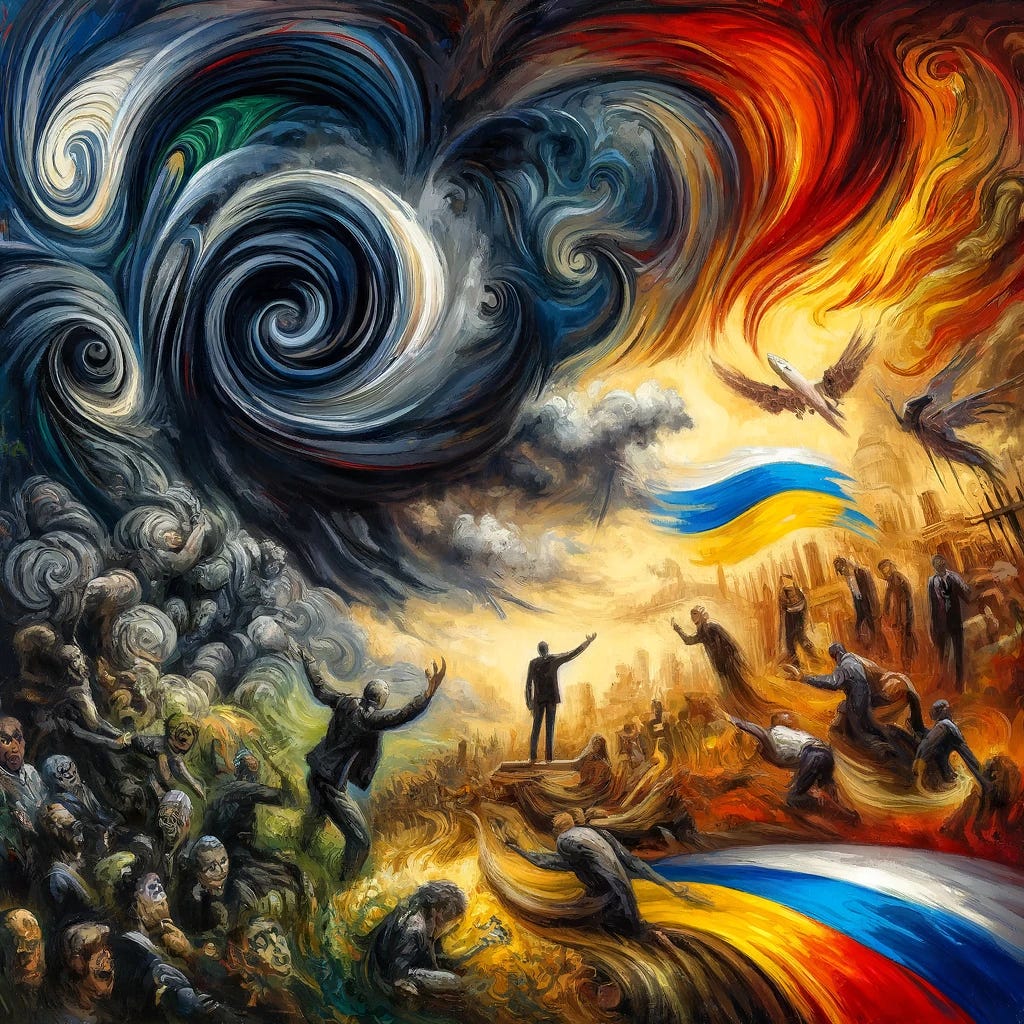 An abstract painting depicting the rise of the FPÖ and the public's fears and uncertainties. Swirling, dark brushstrokes represent the chaos and constant state of crisis from the pandemic, Ukraine war, inflation, and Middle East conflict. Figures in distress symbolize the public's anxiety. Bright, contrasting colors depict the FPÖ addressing these fears and offering solutions, no matter how unrealistic. The background features hints of political and social turmoil. The style resembles oil on canvas with expressive and intense undertones.