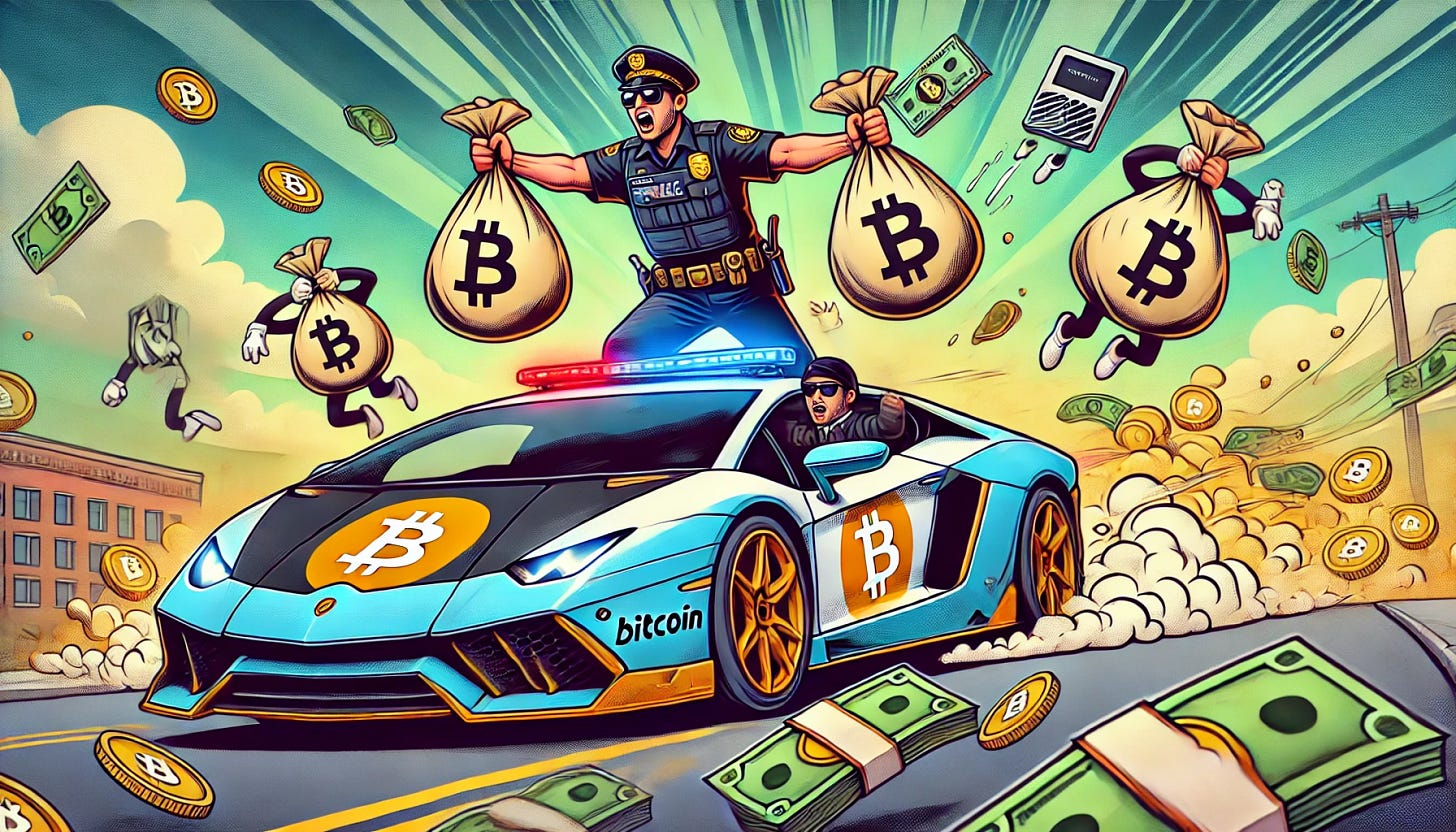 A comical banner-style illustration featuring a police officer with bags of money obtained through illicit activities, driving away in a flashy Lamborghini. The car has Bitcoin logos on it, and the officer is throwing cash into the air while wearing a Ledger Nano X as a necklace. The scene is colorful and exaggerated, with a mix of humor and satire. In the background, more money chases the car as if alive, creating a whimsical and surreal atmosphere.