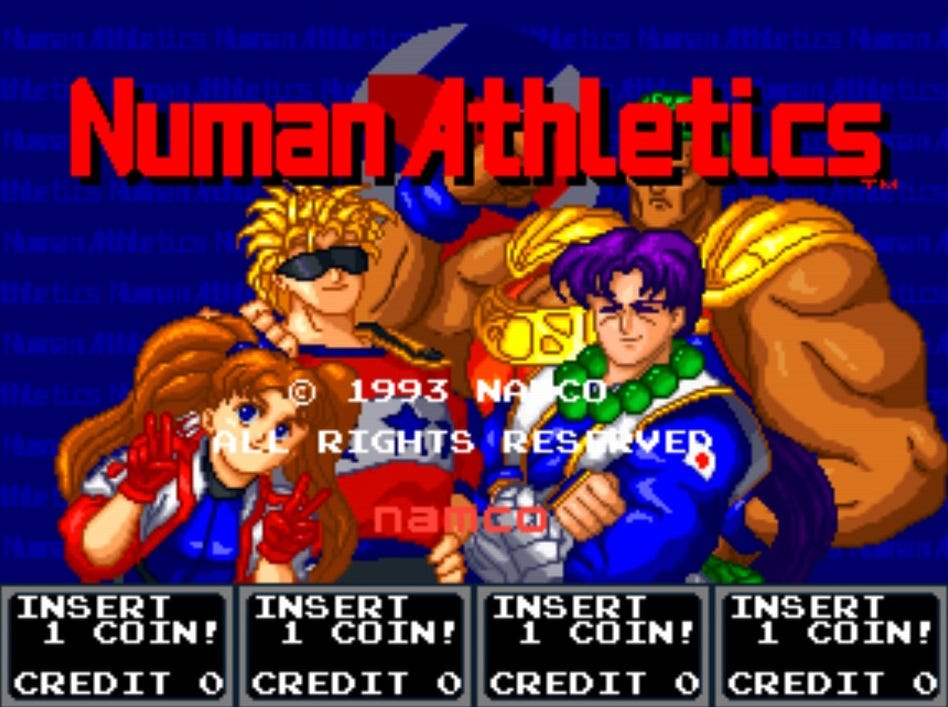 A screenshot of the title screen from Numan Athletics, captured from its Arcade Archives release. It features the game's logo (which is flashing in real-time, but red at the time of capture), along with the four playable characters in various poses underneath.