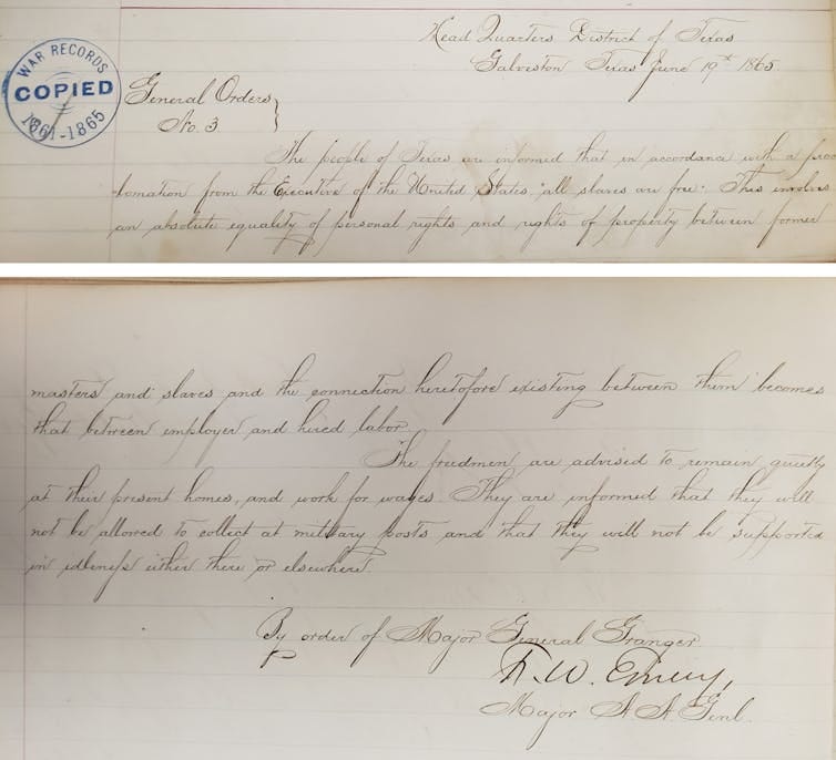 An antique, official document that announces the freeing of the enslaved in Texas. An antique, official document that announces the freeing of the enslaved in Texas.