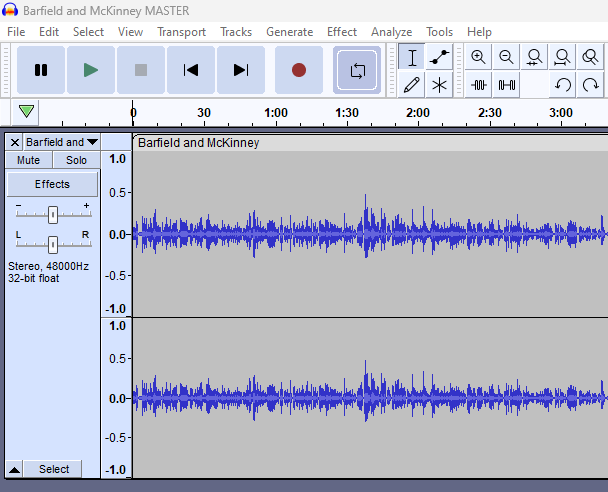 A screen grab of Audacity software showing those sound wave speech type scratchy lines like on a lie detector and various buttons. The file name is Barfield and McKinney MASTER