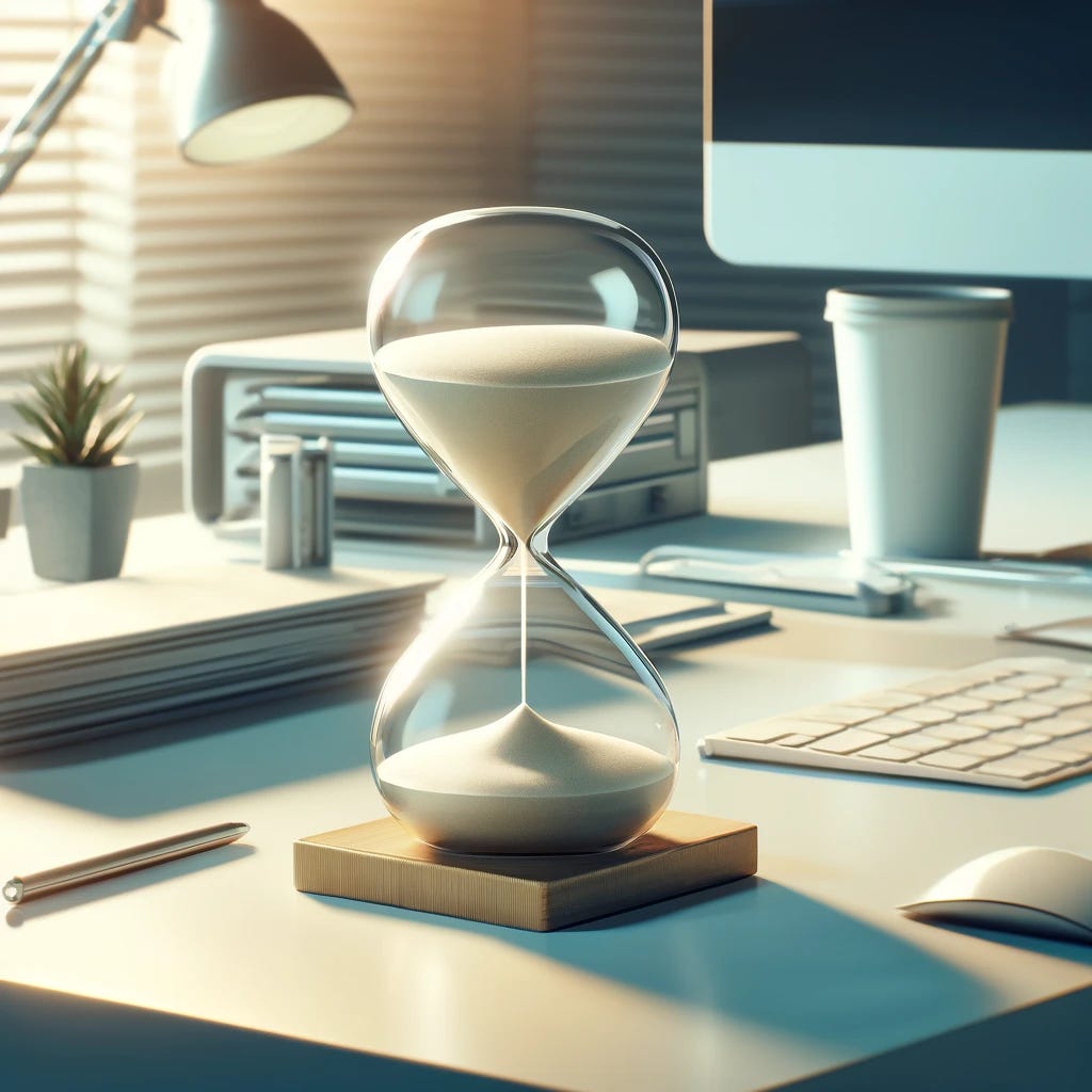 A tranquil graphic illustrating the passage of time in a tidy office using an hourglass. The hourglass is centrally placed on a sleek office desk, surrounded by minimal paperwork and modern computers. Fine sand trickles smoothly from the upper chamber to the lower, capturing the quiet flow of time. The office setting is neat, with soft, warm lighting creating a serene atmosphere, suggesting a peaceful afternoon. This setting provides a contemplative and orderly view of time passing in a professional environment.
