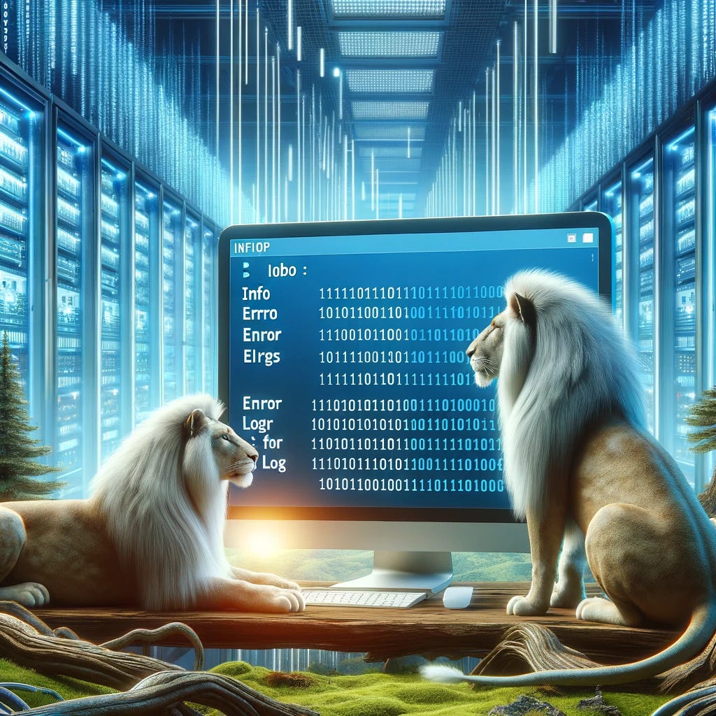 A serene digital landscape showing a pair of lions examining a computer screen, which displays binary code and log entries. This image reflects the concept of INFO and ERROR log levels, with a background of a technological environment that includes servers and cables, hinting at the complexity of data processing.