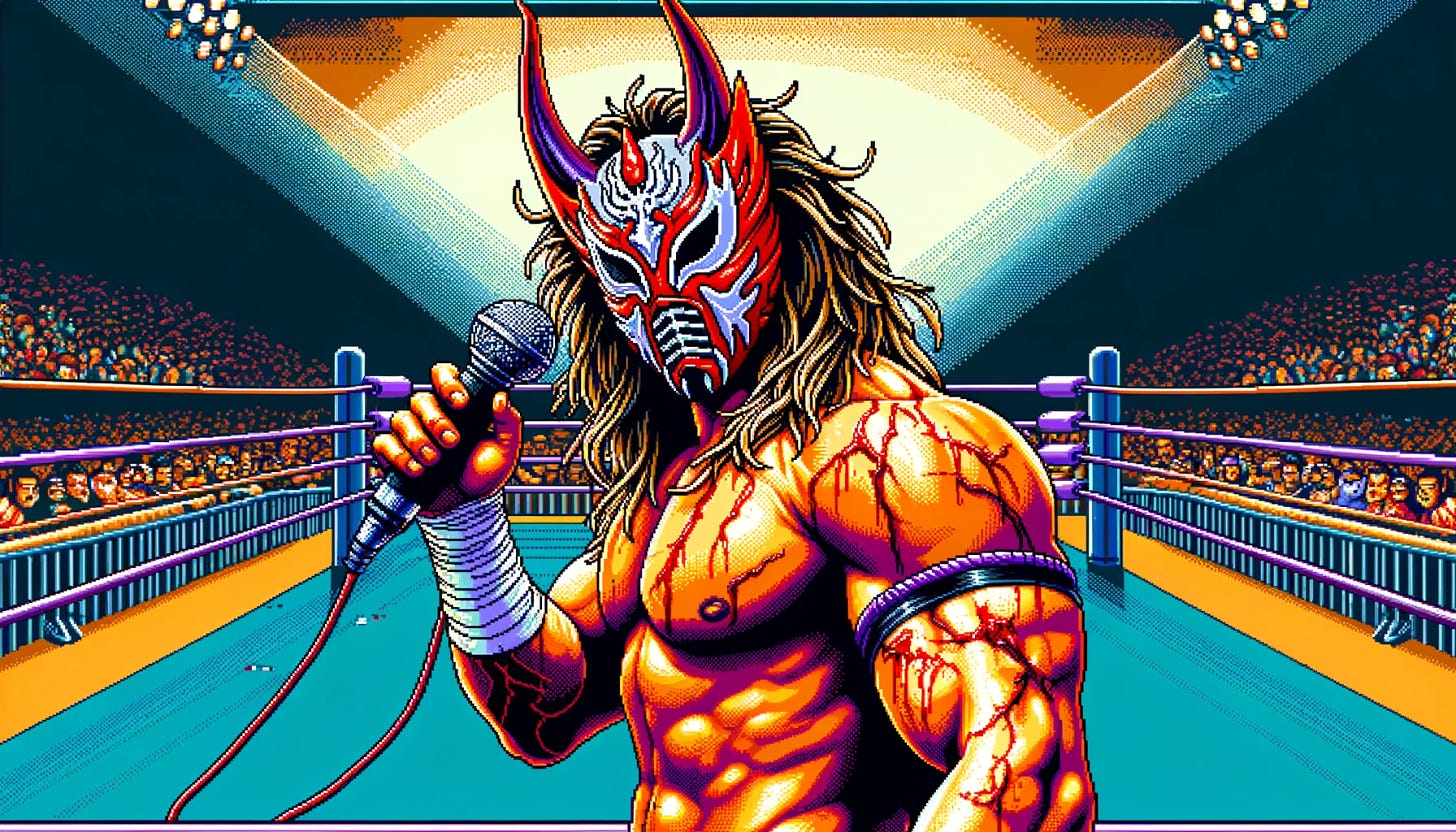 A 16-bit SNES-style graphic of a masked, lithe, long-haired wrestler in a puroresu/lucha libre match. He's wearing a Jushin Liger-style horned mask, vibrant and detailed. The scene captures a moment post-match where the wrestler, despite being injured, is cutting a fierce promo. He stands in the ring, one arm raised, microphone in hand, with an intense expression visible even through the mask. The background shows a roaring crowd and bright, dynamic lighting, emphasizing the drama of the moment.