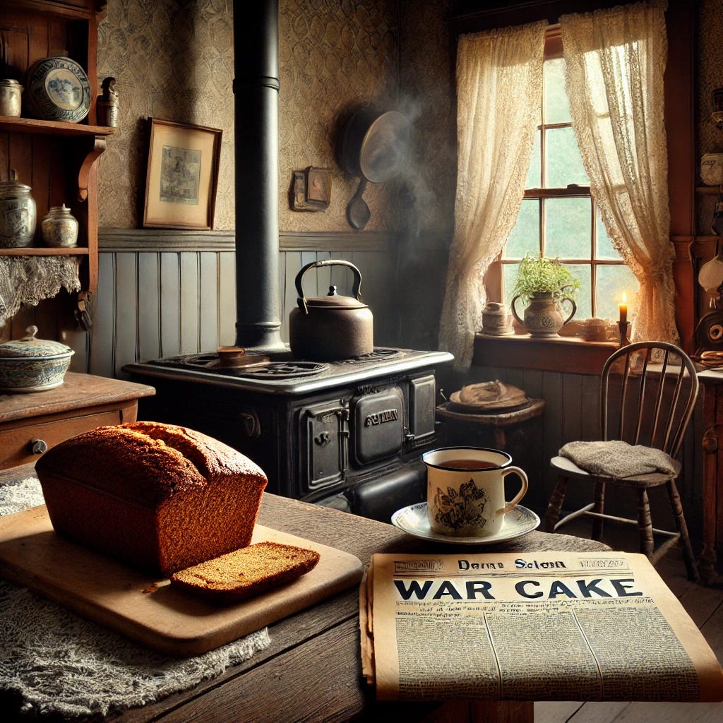 A cozy vintage kitchen scene set in a historic home, capturing the essence of baking a War Cake from a 1917 newspaper recipe. The kitchen has a wood stove, rustic wooden cabinets, and a window with lace curtains letting in soft light. A pot simmers on the stove, filling the air with the scent of spices. On a worn wooden table, there's a loaf of War Cake on a vintage plate next to an old, open newspaper clipping. The atmosphere is warm and inviting, with hints of history in every detail—antique kitchen tools, jars of spices, and a nostalgic vibe.