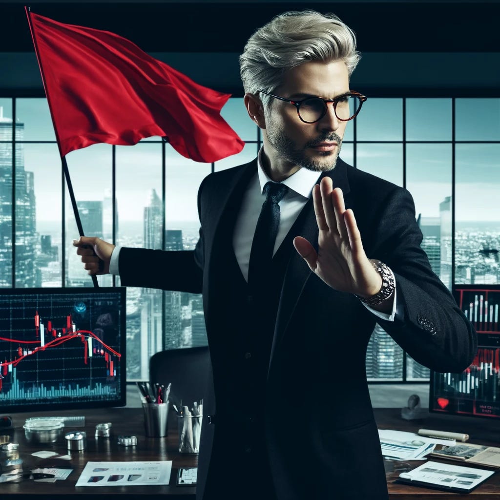 Depict a male accountant in his mid-40s, with platinum blonde hair and tortoise shell glasses, standing in an office environment filled with financial documents and digital screens showing market trends. He is dressed in a smart black suit and is dramatically waving a large red flag with his right hand, symbolizing the need for caution and vigilance in financial dealings. The expression on his face is serious and focused, underscoring the gravity of his message. The office is modern and sleek, with a backdrop of the city skyline through floor-to-ceiling windows, emphasizing his success and authority in the field. This image conveys the critical role accountants play in warning against financial risks and the importance of careful analysis and advice.