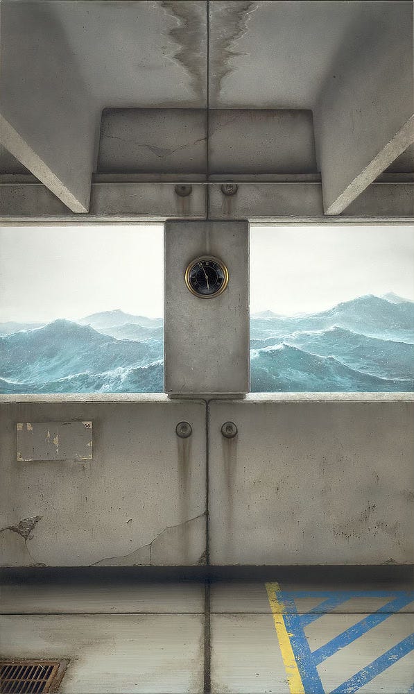 View from an observation deck looking out on a turbulent sea of tall frosted waves that look almost like a range of mountains. The walls, floor and ceiling are all made of concrete. There are blue and yellow painted markings on the floor to the right and a rusted drain to the left. Set on a pillar partially blocking the view is a shiny clock with a black face and gold trim. The hour hand is not quite at 6 while the minute hand is between 55 and 56.