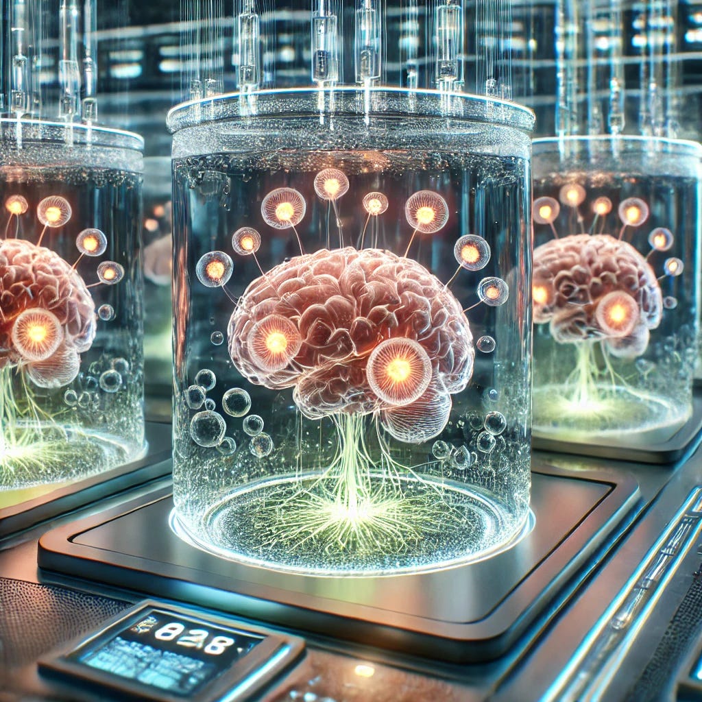 A futuristic depiction of brain organoid bioprocessors, showing clusters of small, glowing neural tissue suspended in transparent bio-gel containers. The bioprocessors pulse with faint light, resembling miniature brains connected to fine, glowing filaments that transmit signals. The setting is an advanced laboratory bathed in a soft, ambient glow, with nutrient chambers and electrical interfaces subtly integrating the organic and technological elements. The overall atmosphere is a blend of cutting-edge science and natural wonder, showcasing the efficiency and elegance of brain organoid computing.