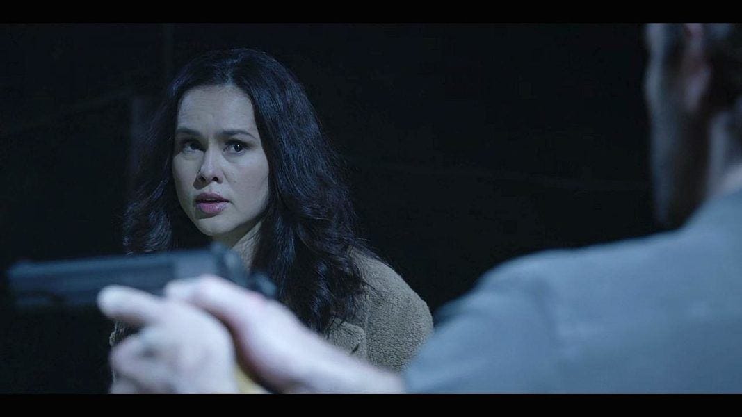 Julia watching Jared Padalecki Cordell Walker pulling gun on hot Tommy 3.09.