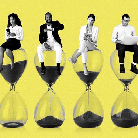 A group of people sitting on hourglasses

Description automatically generated