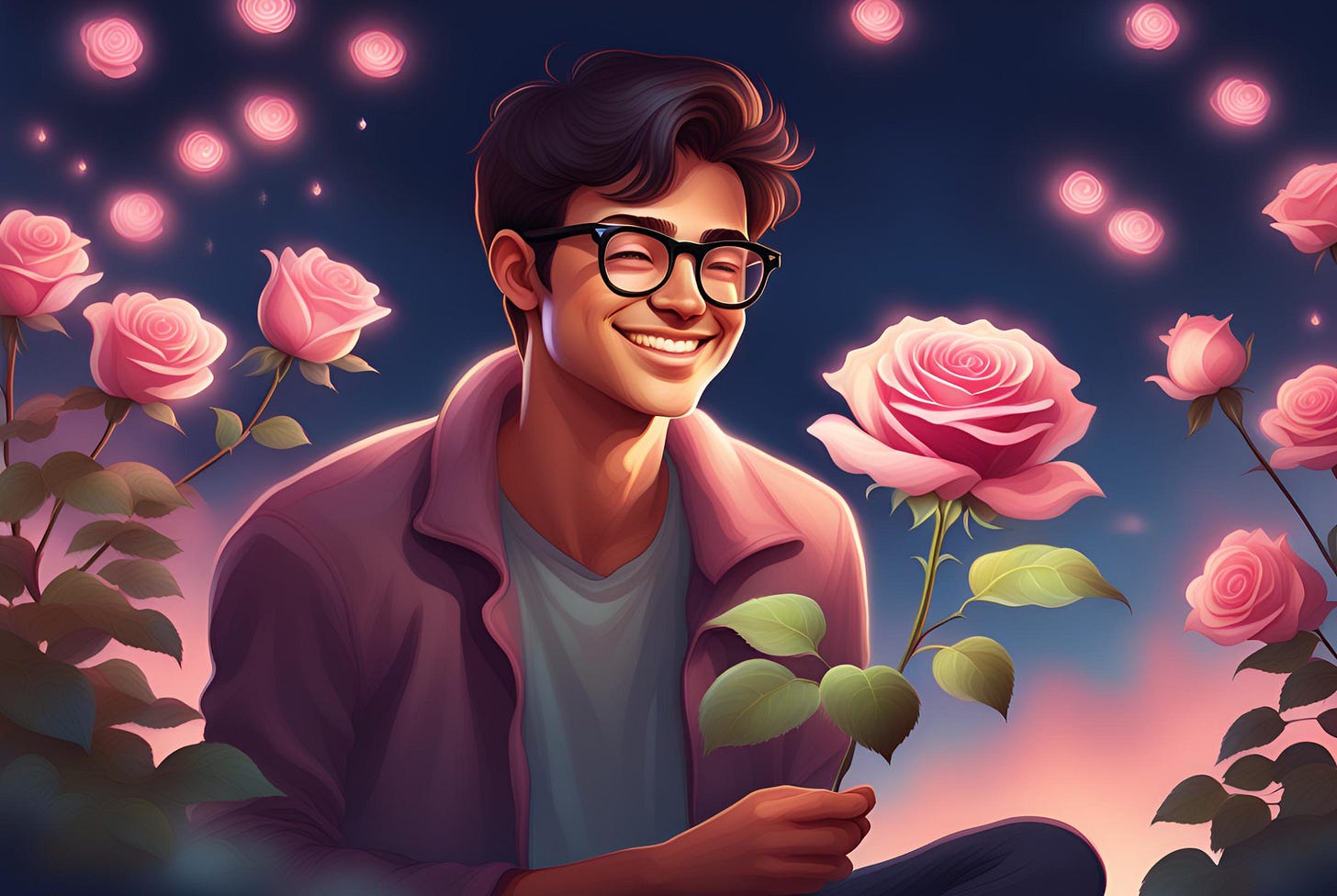 Illustration of a young man with dark hair and glasses smiling while planting a pink rose bush