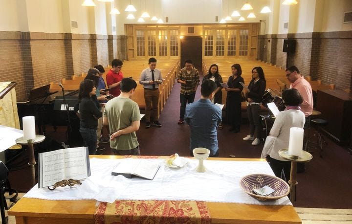 HA:N United Methodist Church, a progressive Asian American congregation, meets in New York City on May 19, 2019. People are singing “Draw the Circle Wide,” which has become an anthem for LGBTQ Christians and their allies in the UMC.